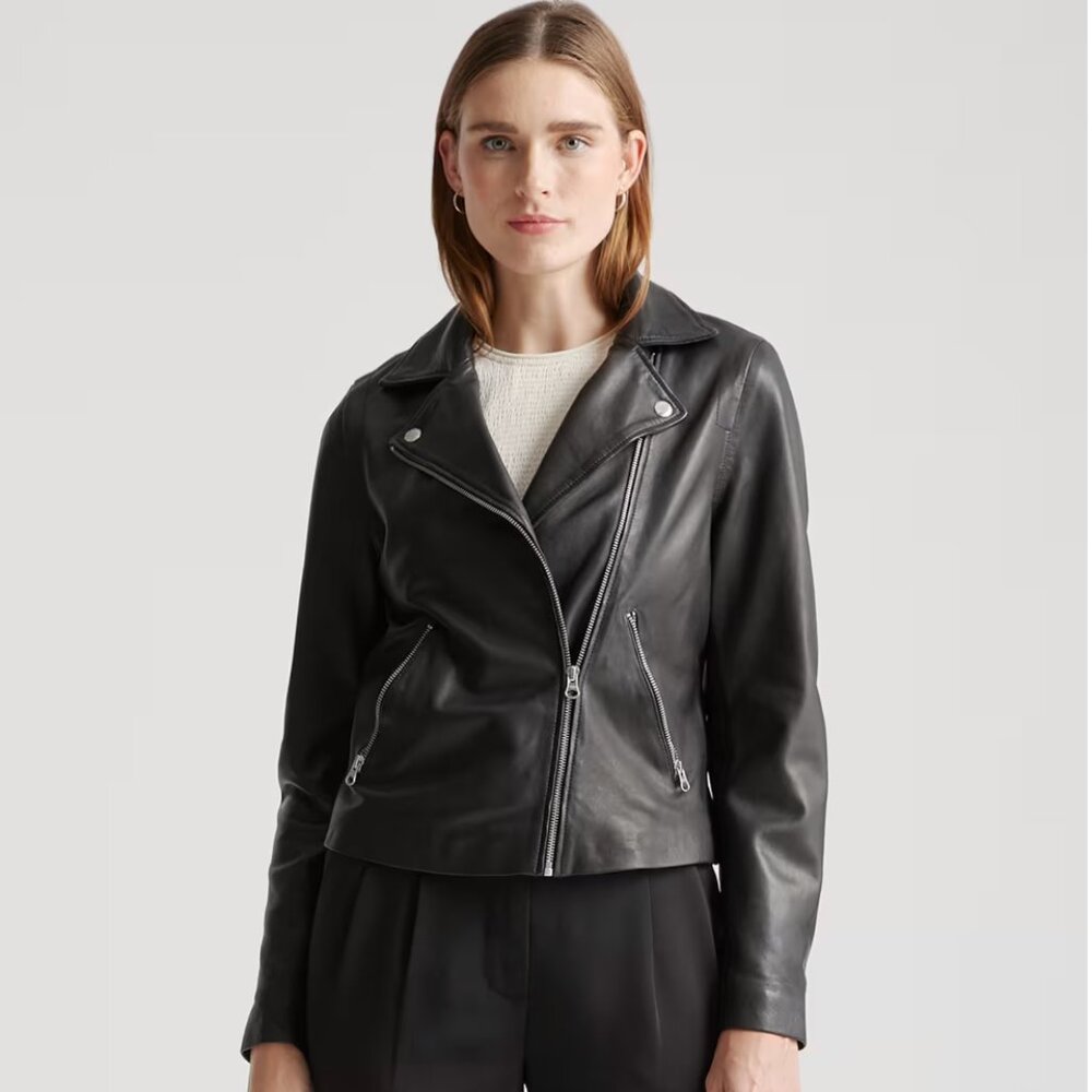 Quince 100% Washed Leather Biker Jacket - Size Medium